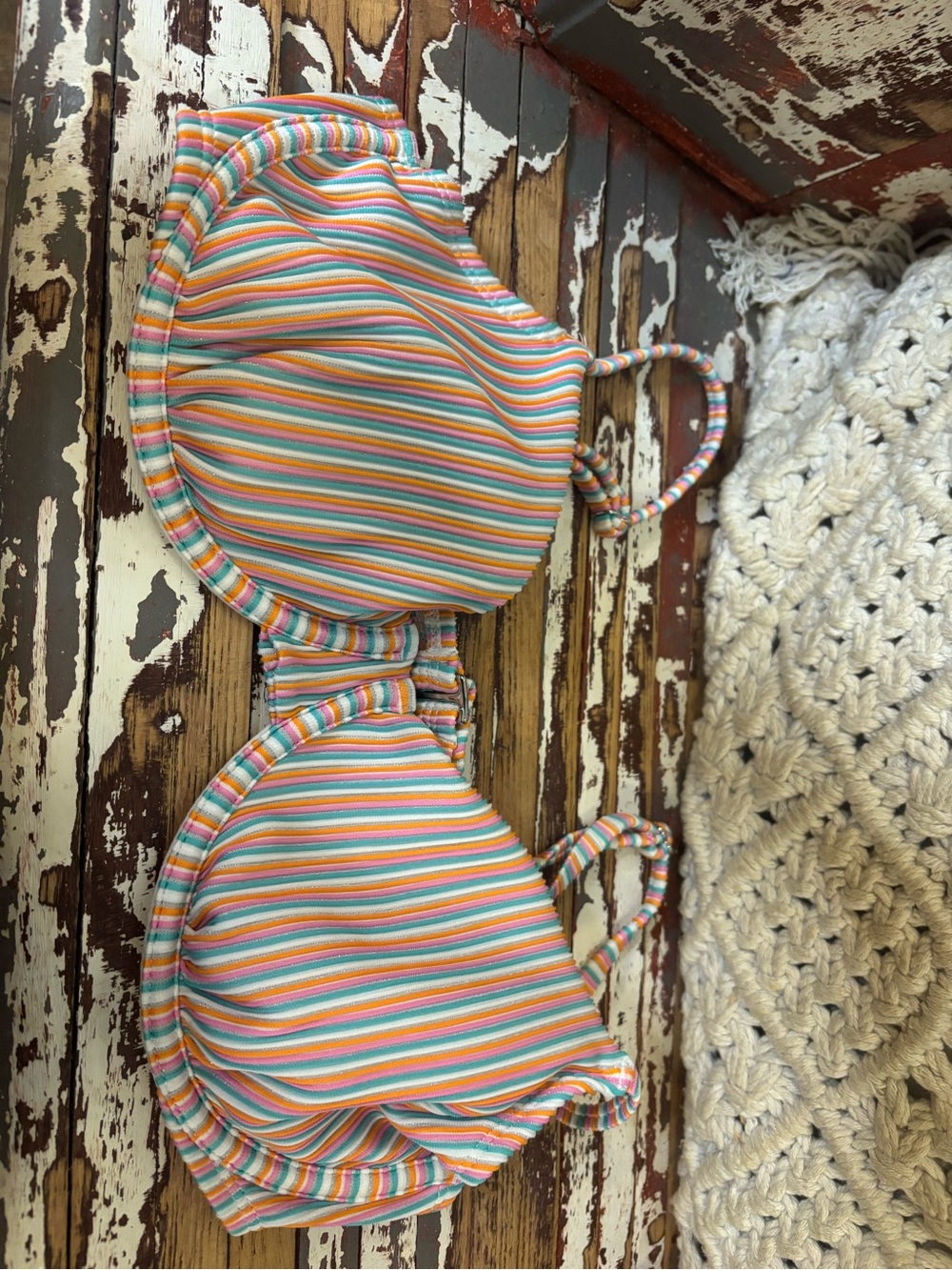 No Boundaries Multicolor Striped Bikini Top - Coral, Aqua, Yellow, Pink
